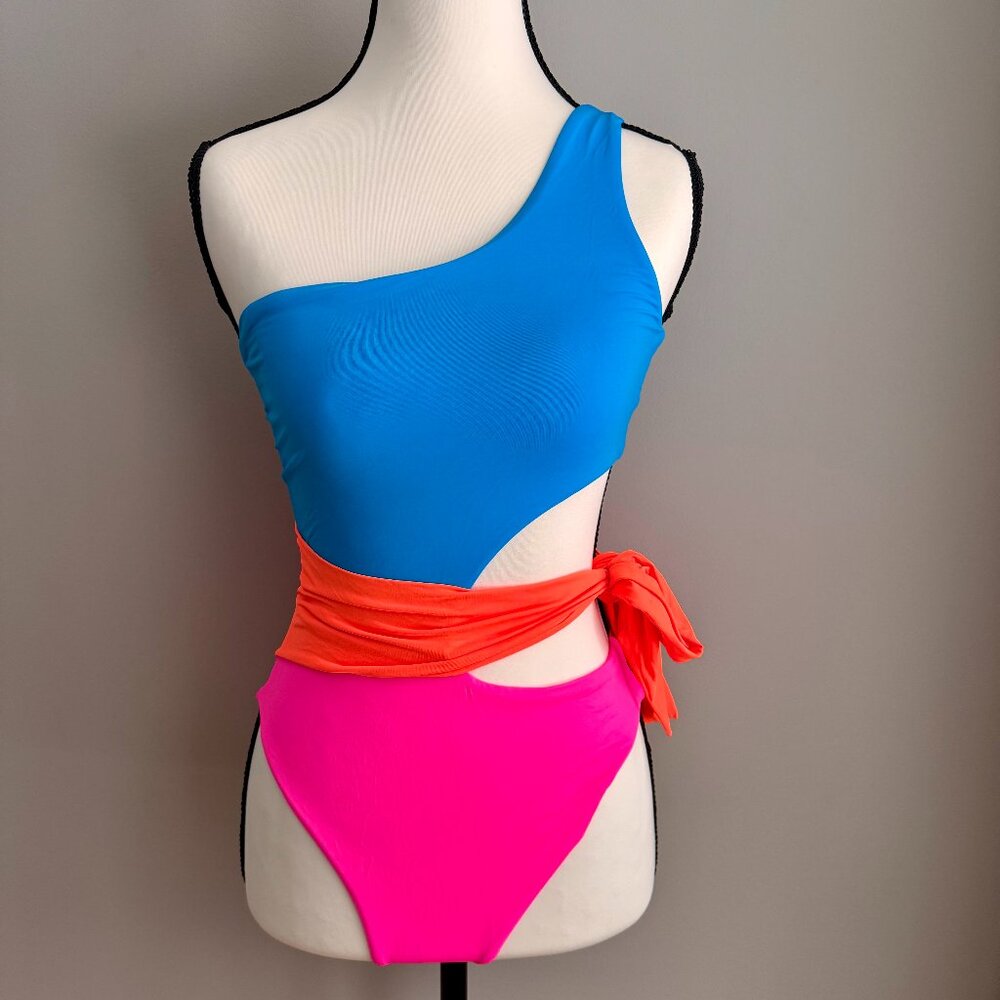 OneOne Swim Small 1-Piece Color-Block Off-the-Shoulder Side-Tie Swim Suit